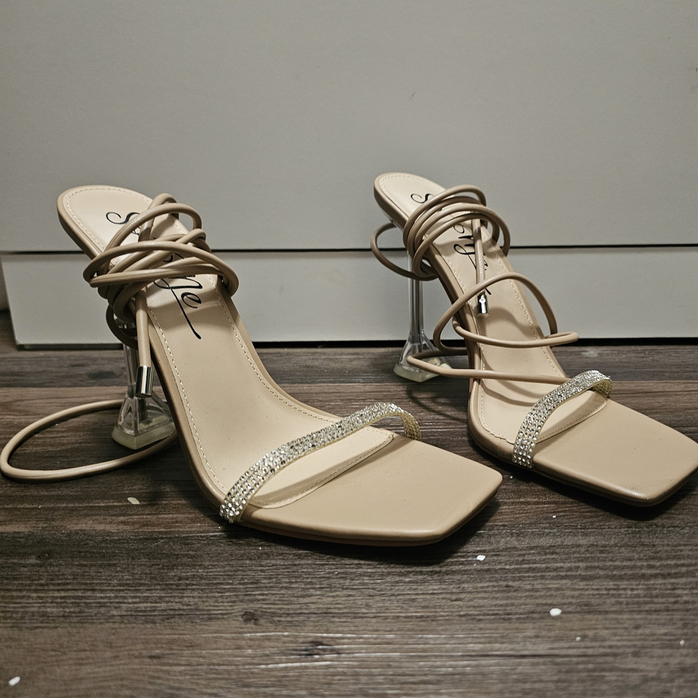 So Me Tan Strappy Heels with Clear Block Heel